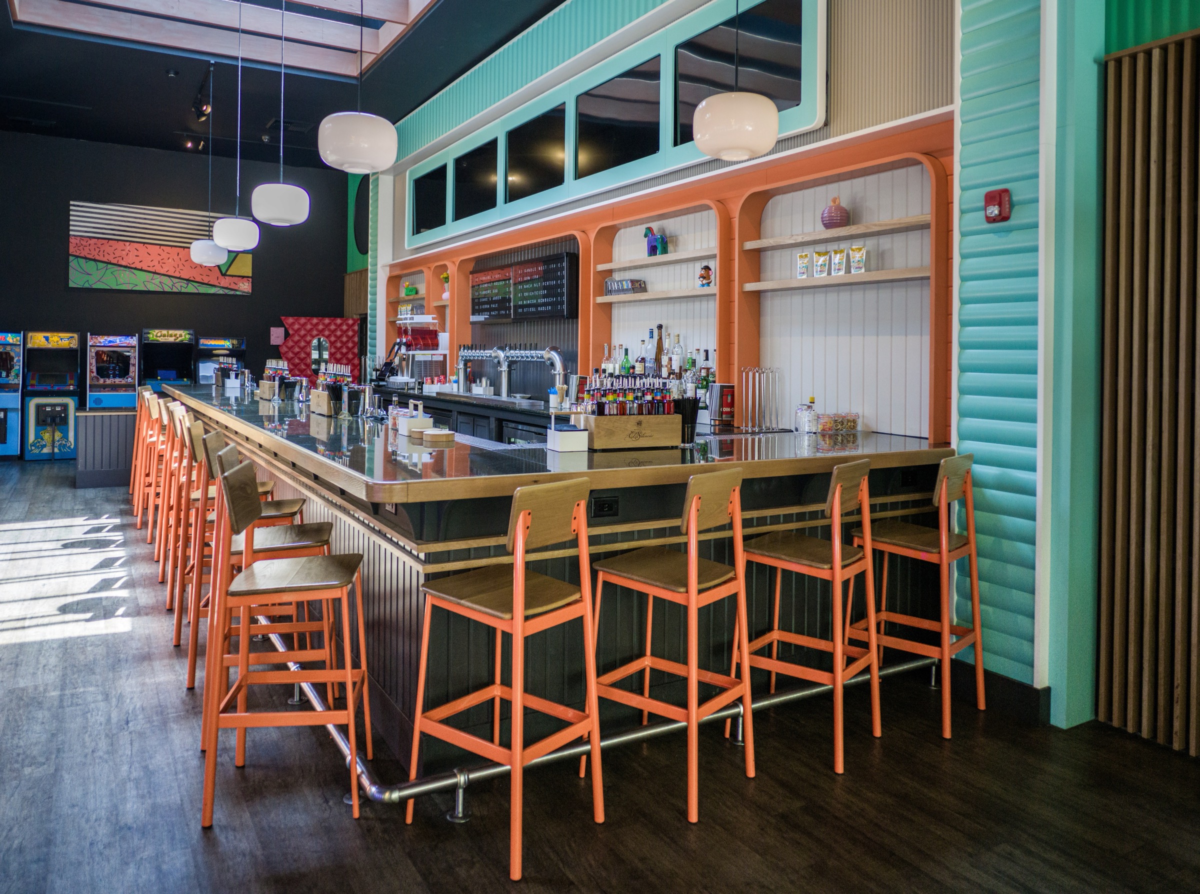 New bar with bright orange stools