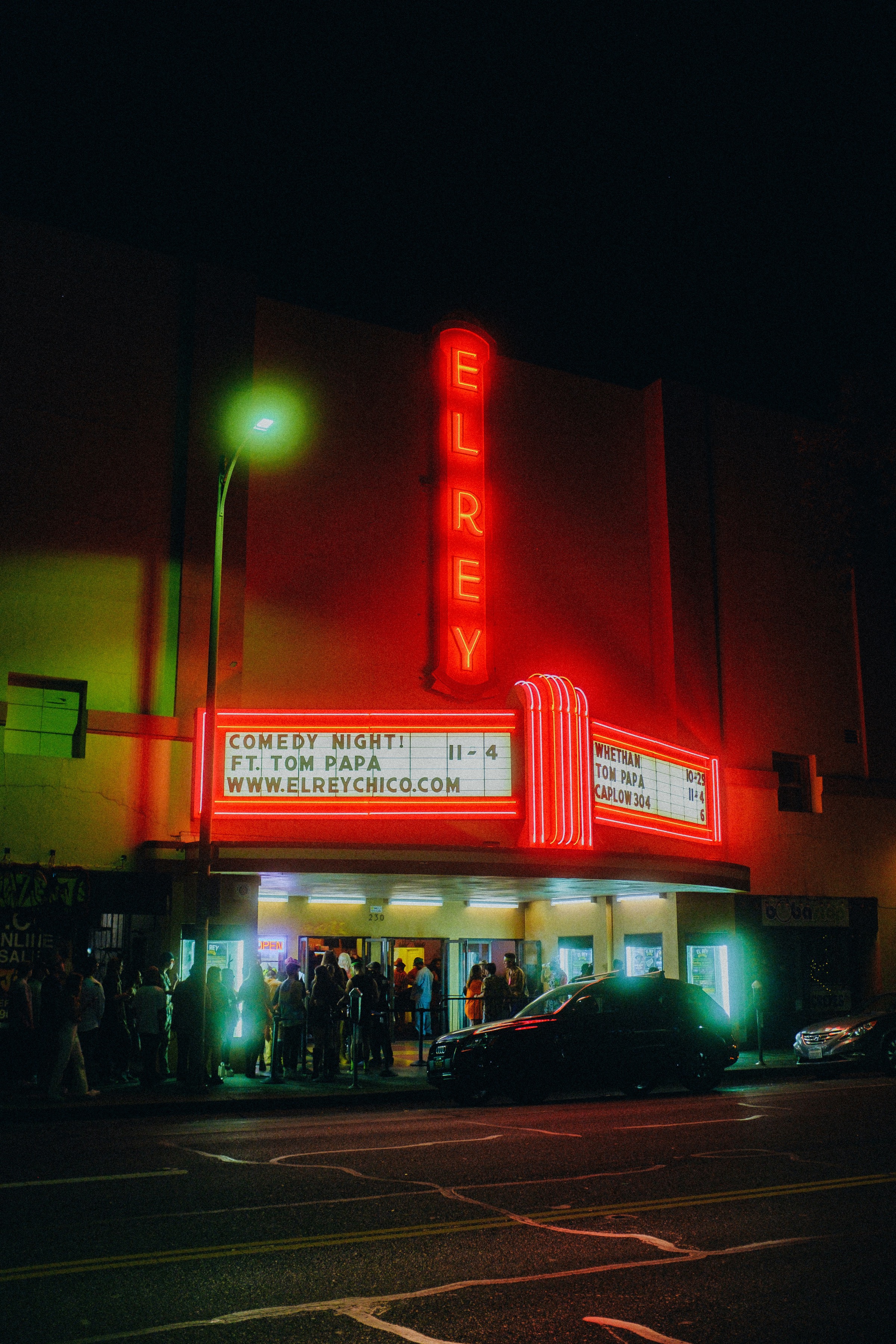 The El Rey Theatre in downtown Chico lit up at night